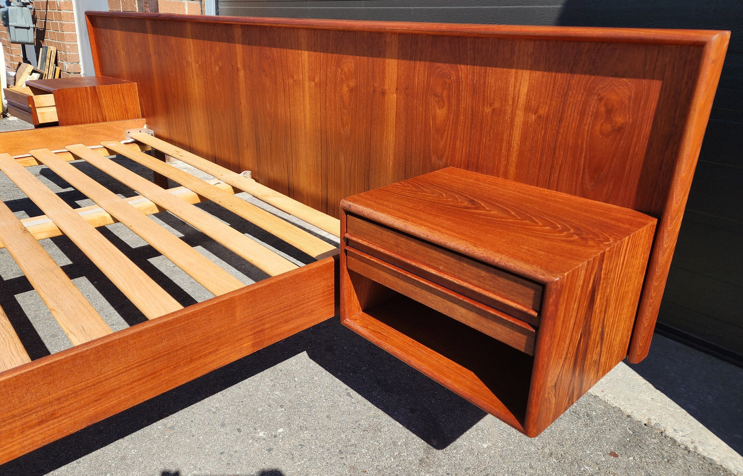 REFINISHED Danish Mid Century Modern Teak Bed w Floating Nightstands Queen