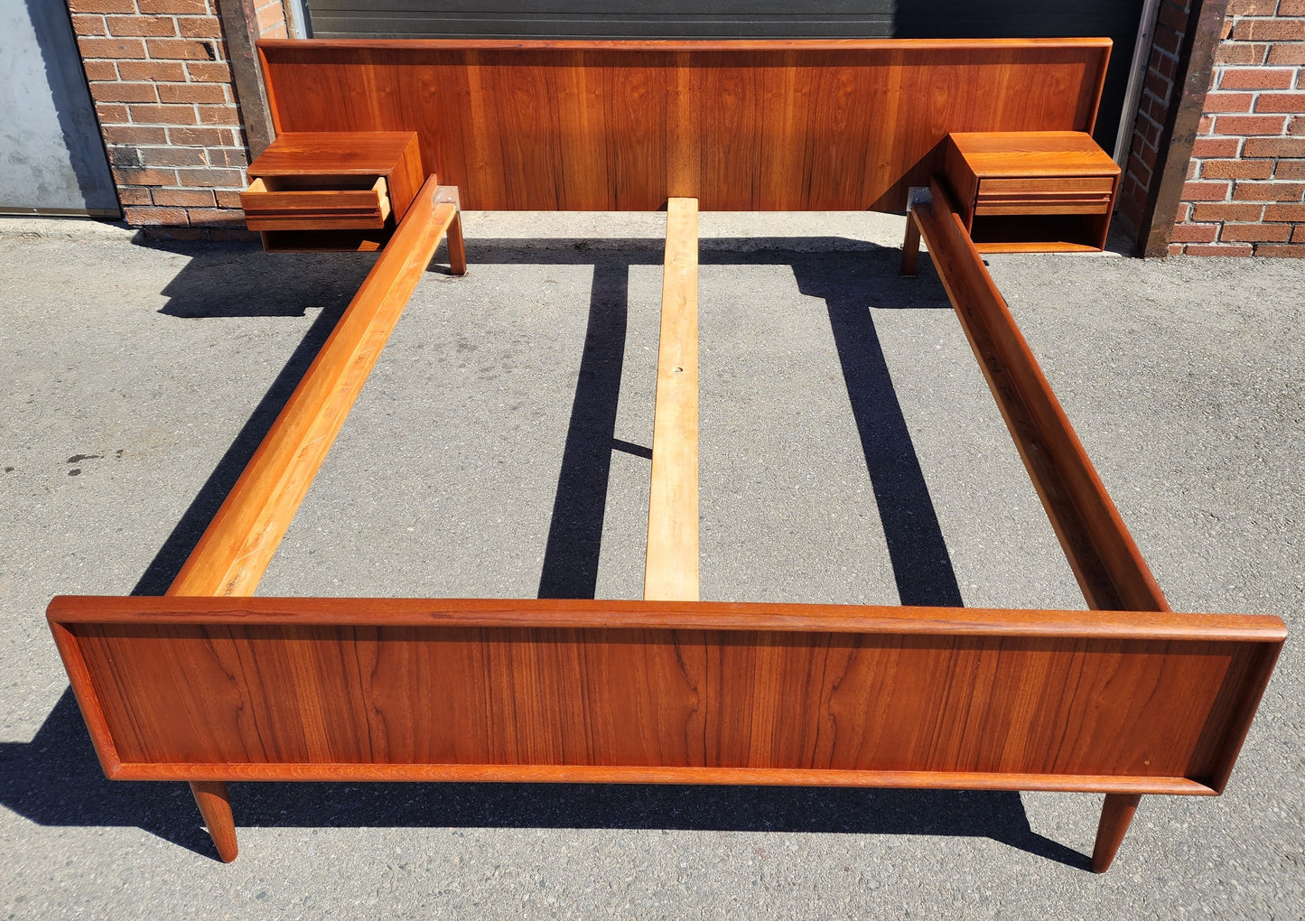 REFINISHED Danish Mid Century Modern Teak Bed w Floating Nightstands Queen