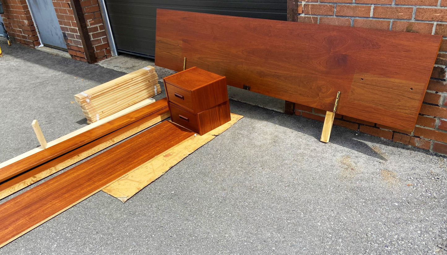 REFINISHED Mid Century Modern Teak Queen Bed w Floating Nightstands