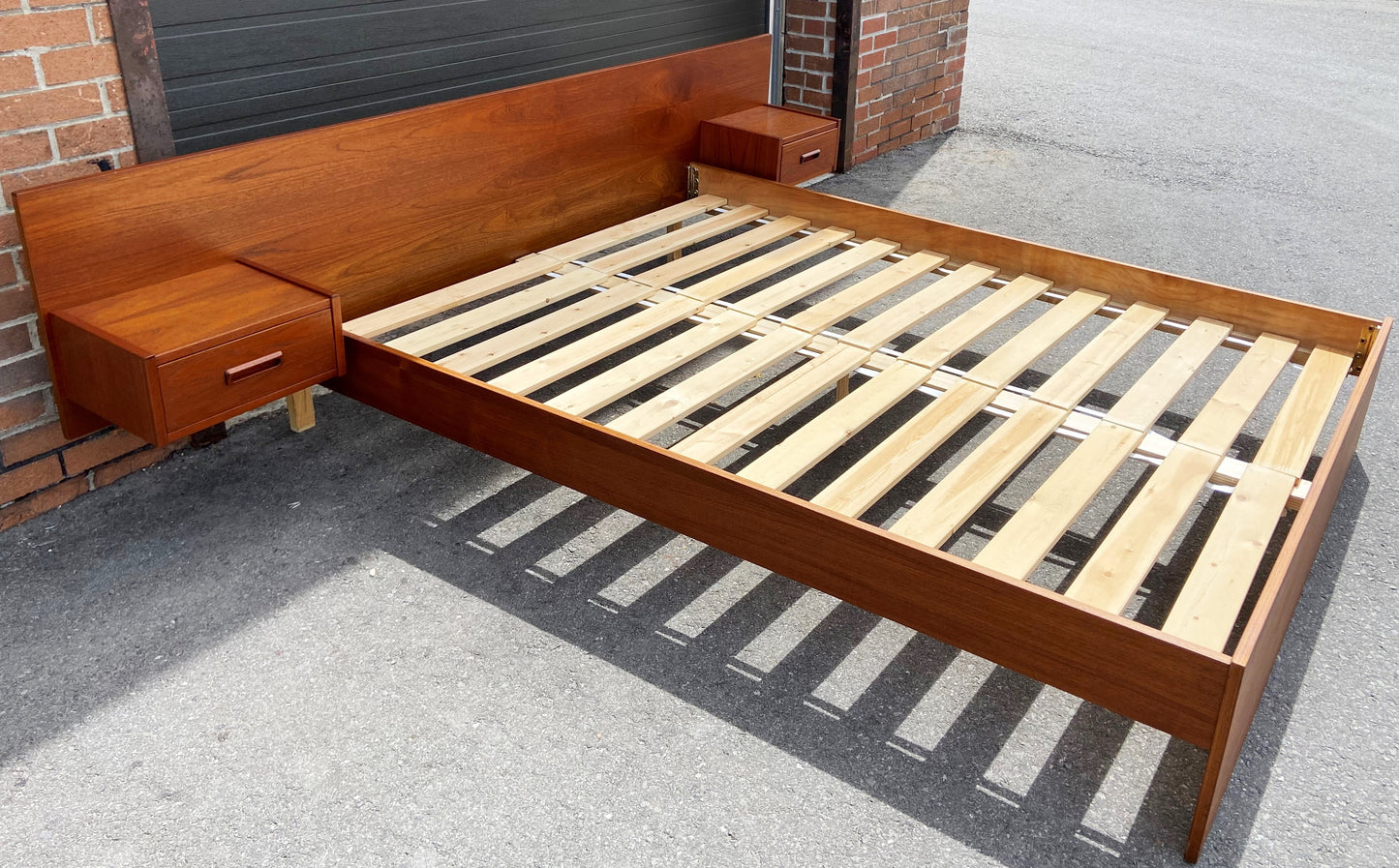 REFINISHED Mid Century Modern Teak Queen Bed w Floating Nightstands