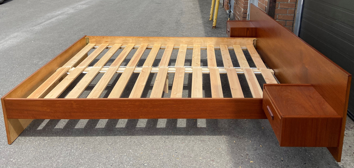 REFINISHED Mid Century Modern Teak Queen Bed w Floating Nightstands