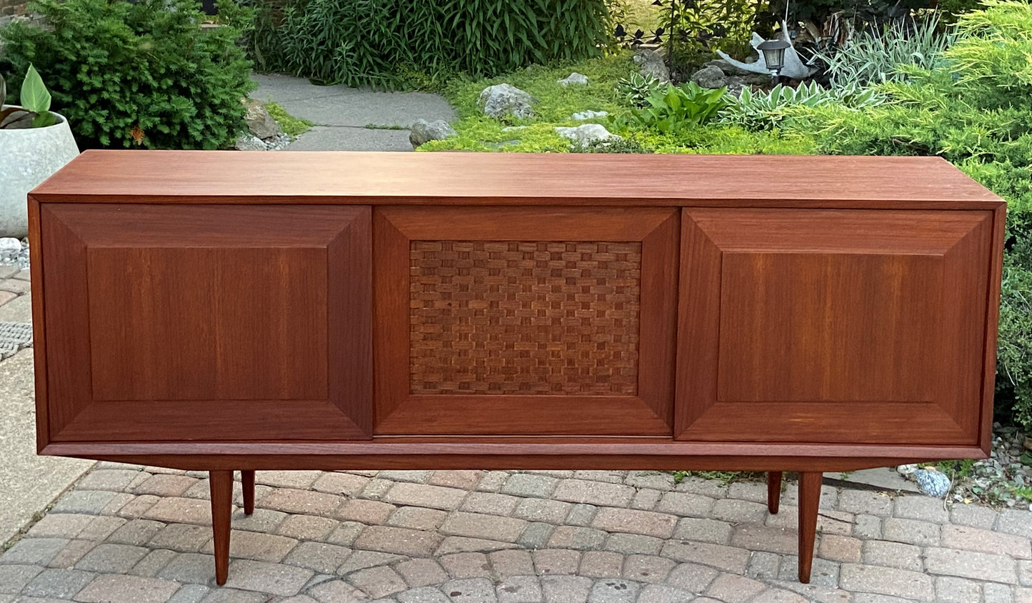 REFINISHED Danish Mid Century Modern Teak Credenza w woven panel 71", PERFECT