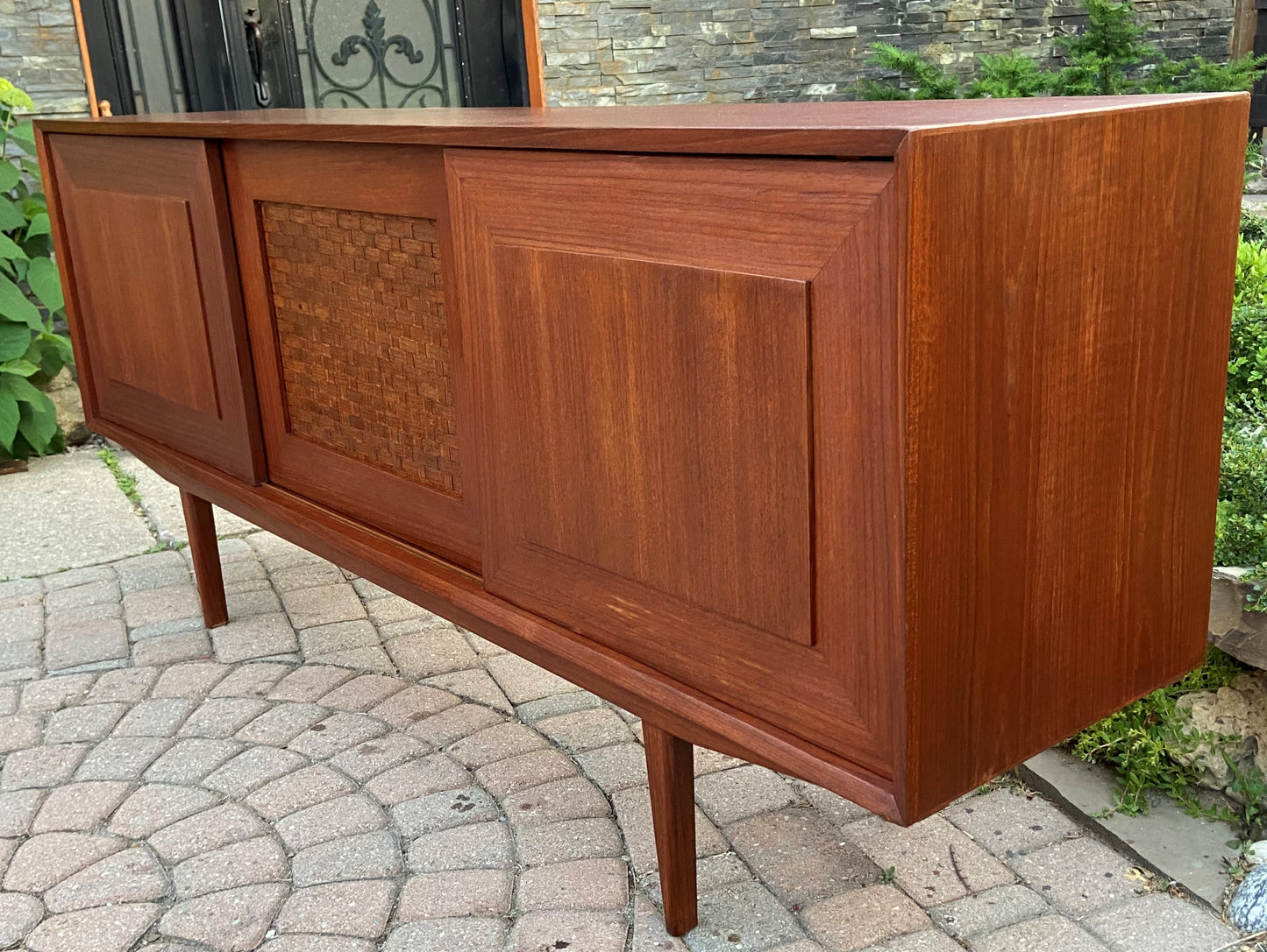 REFINISHED Danish Mid Century Modern Teak Credenza w woven panel 71", PERFECT