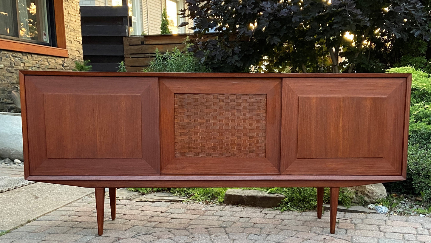 REFINISHED Danish Mid Century Modern Teak Credenza w woven panel 71", PERFECT