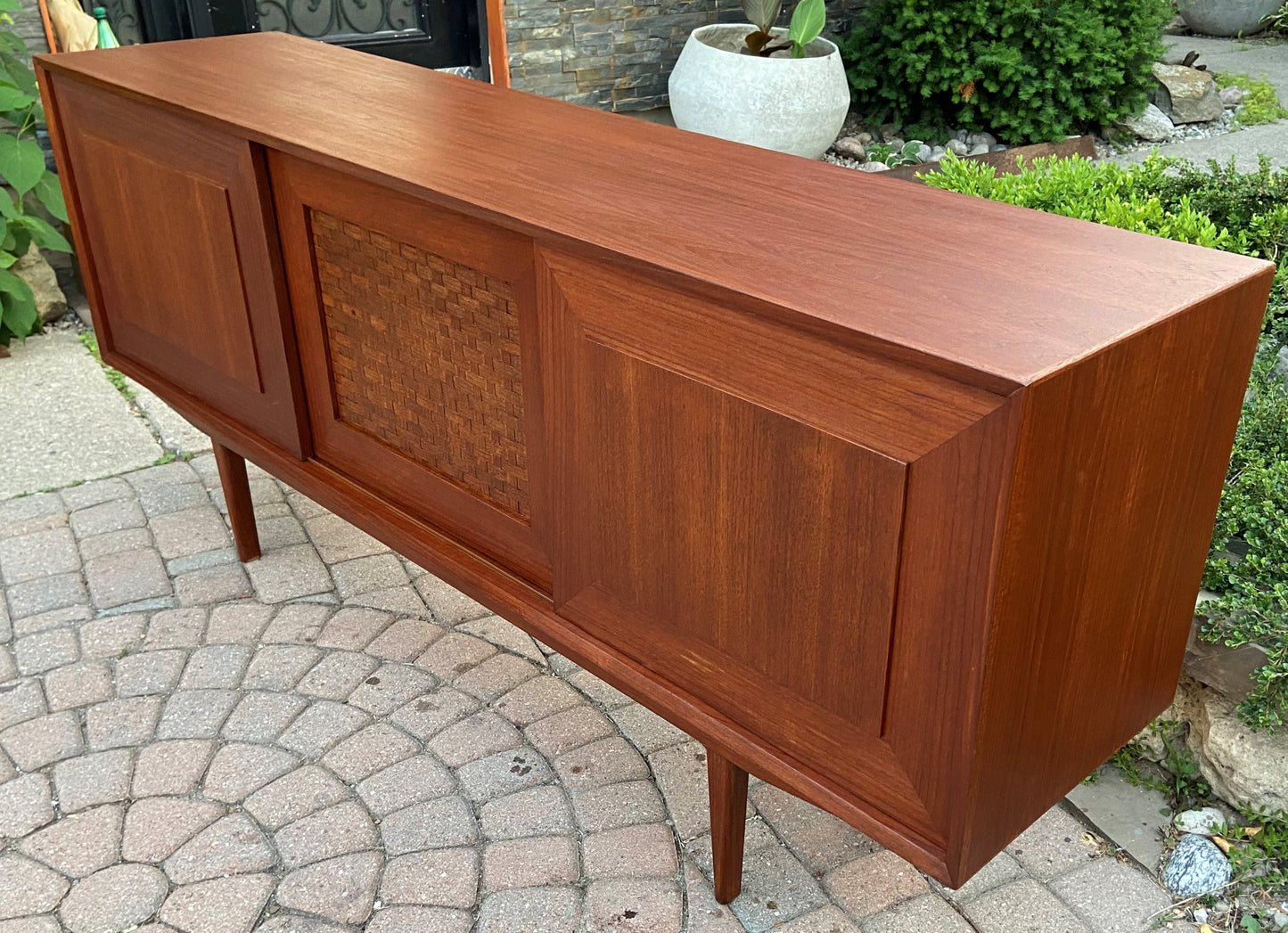 REFINISHED Danish Mid Century Modern Teak Credenza w woven panel 71", PERFECT