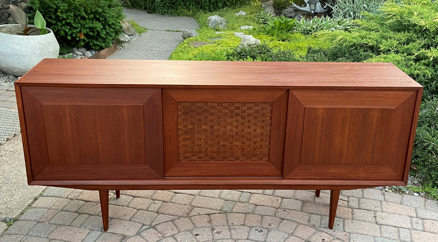 REFINISHED Danish Mid Century Modern Teak Credenza w woven panel 71", PERFECT