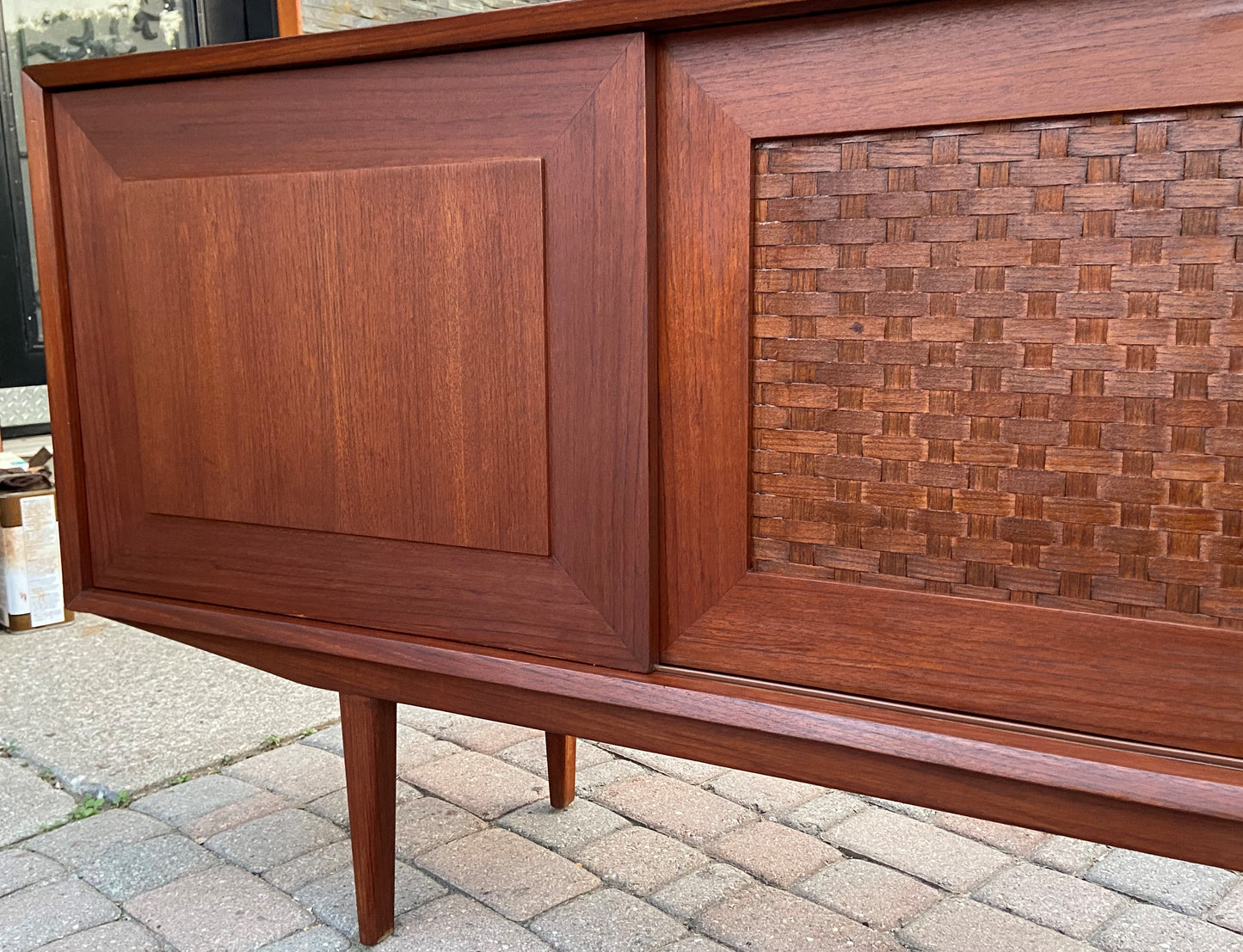 REFINISHED Danish Mid Century Modern Teak Credenza w woven panel 71", PERFECT