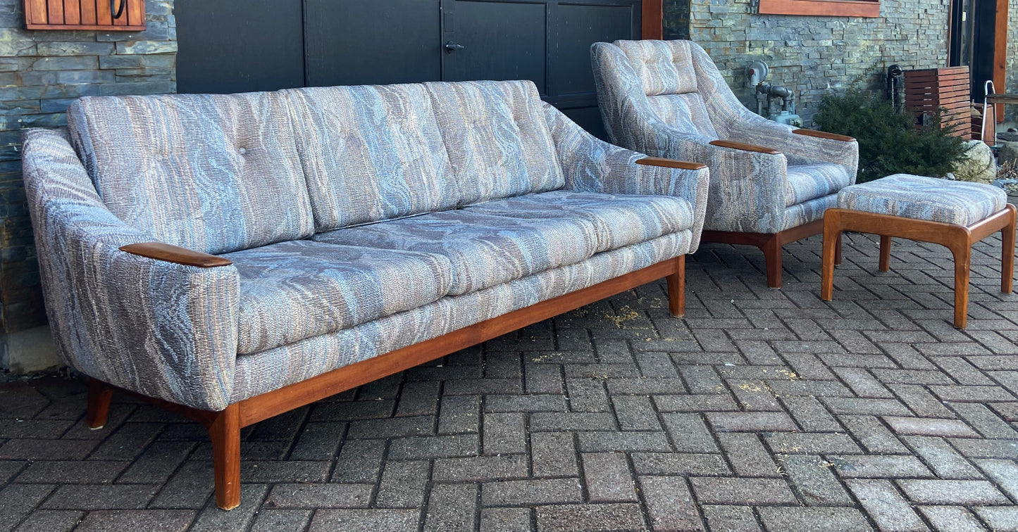 REFINISHED Danish styled MCM Teak Sofa, Lounge Chair and Ottoman