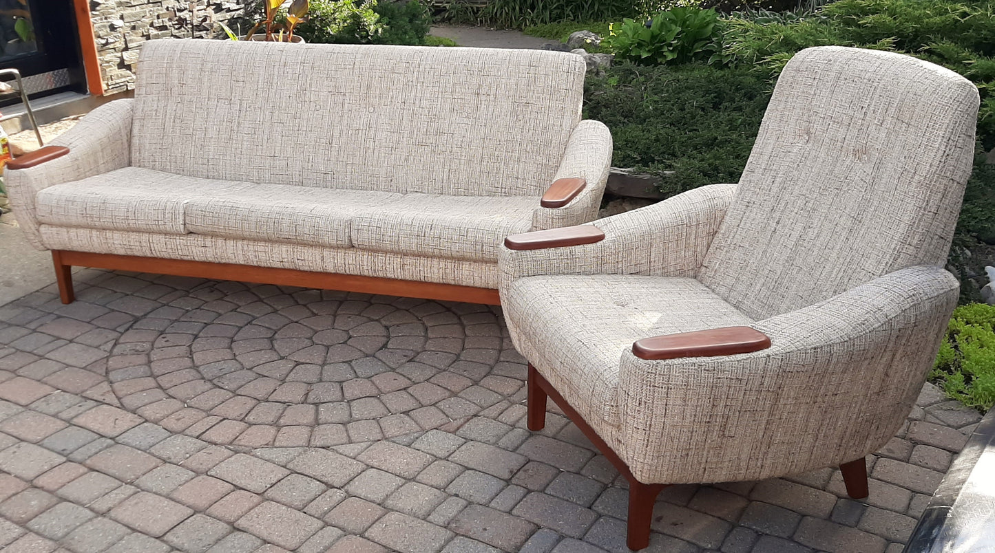 REFINISHED MCM Teak & Oatmeal Wool Sofa and Lounge Chair- Mint