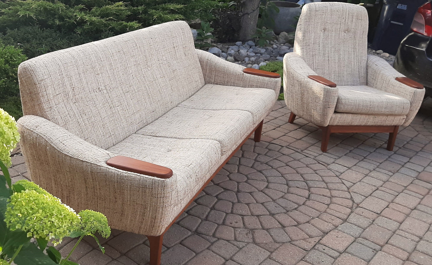 REFINISHED MCM Teak & Oatmeal Wool Sofa and Lounge Chair- Mint