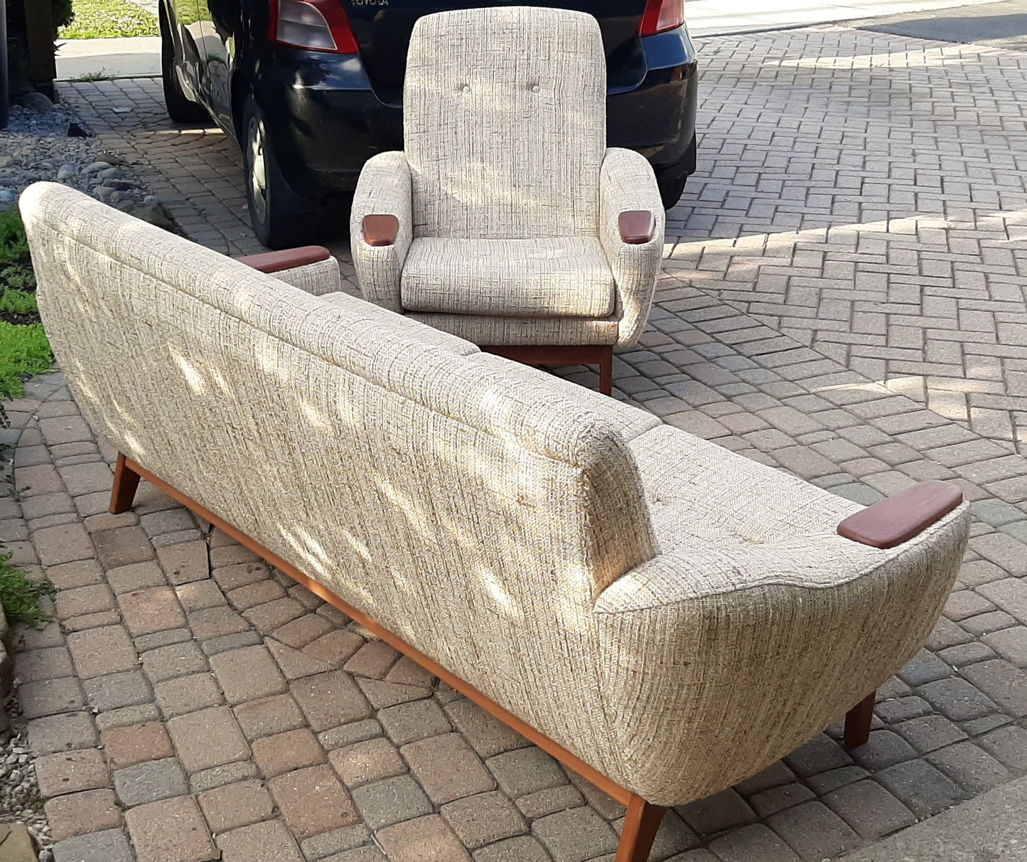 REFINISHED MCM Teak & Oatmeal Wool Sofa and Lounge Chair- Mint