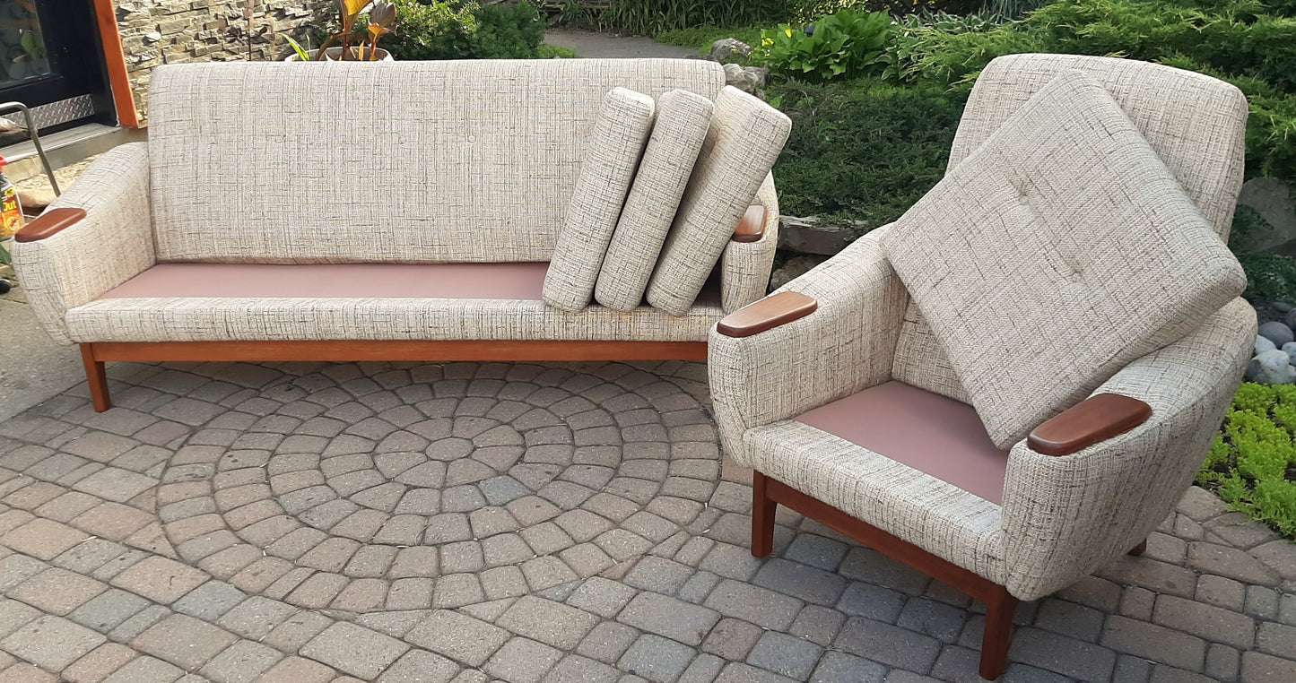 REFINISHED MCM Teak & Oatmeal Wool Sofa and Lounge Chair- Mint