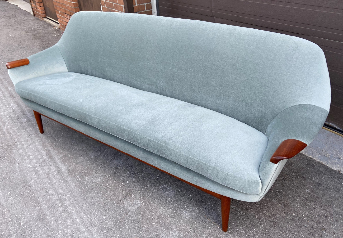 REFINISHED REUPHOLSTERED in wool mohair MCM Teak Sofa by Gerhard Berg, PERFECT