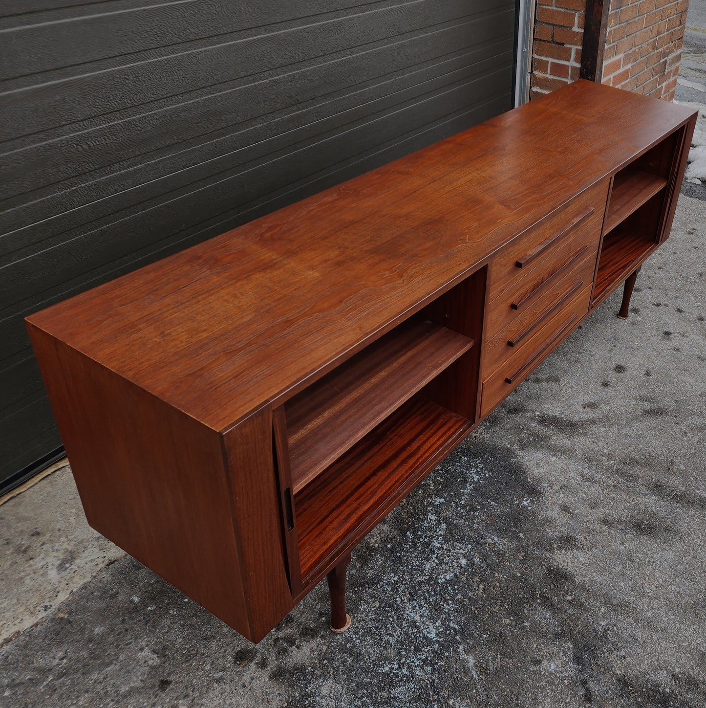 REFINISHED Mid Century Modern Teak Sideboard w Tambour Doors by RS Associates, 78"