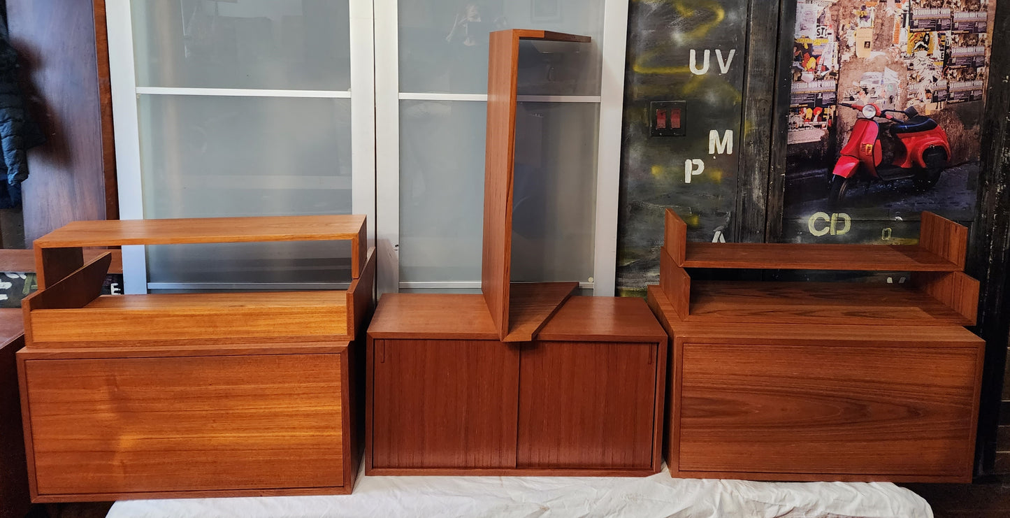 RESTORED Mid Century Modern 3 Section Teak Modular Wall Unit w Cabinets & Shelves by REFF