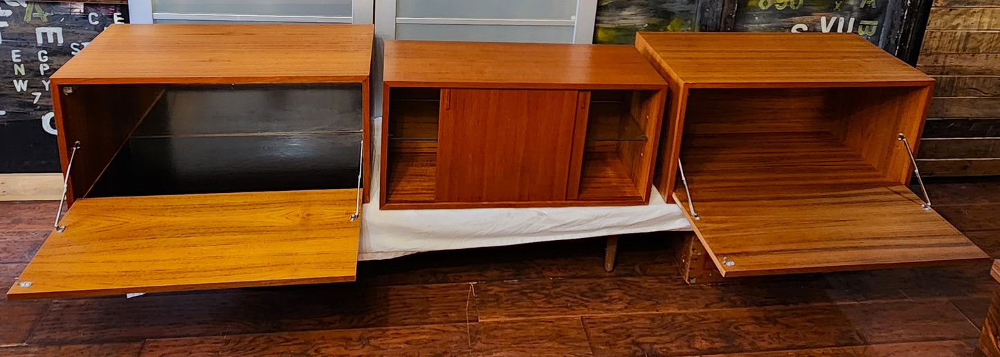 RESTORED Mid Century Modern 3 Section Teak Modular Wall Unit w Cabinets & Shelves by REFF