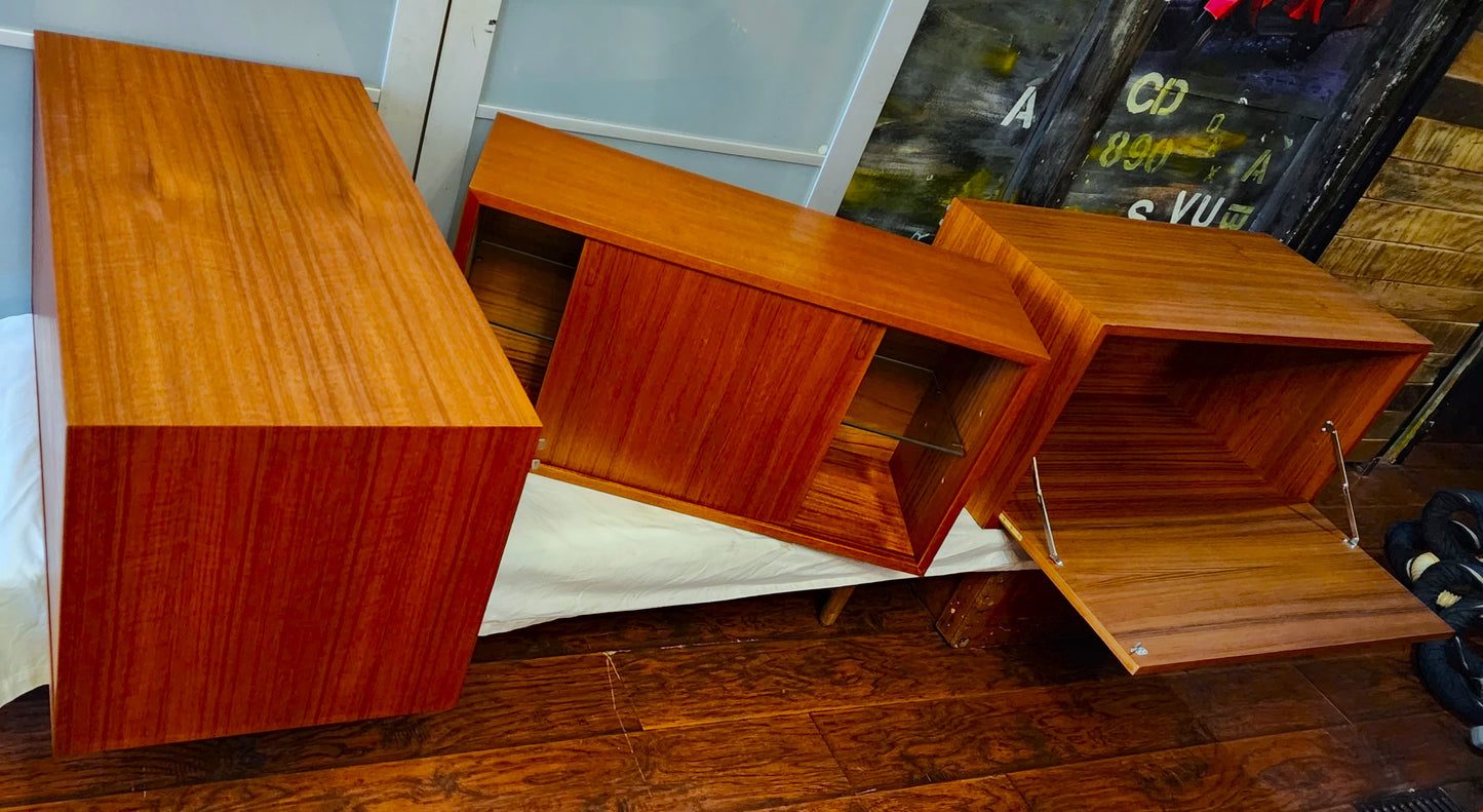 RESTORED Mid Century Modern 3 Section Teak Modular Wall Unit w Cabinets & Shelves by REFF