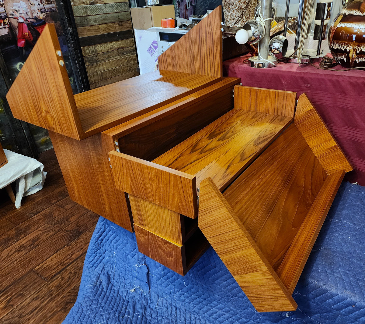 RESTORED Mid Century Modern 3 Section Teak Modular Wall Unit w Cabinets & Shelves by REFF