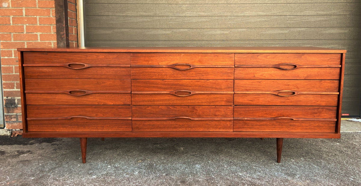 REFINISHED Mid Century Modern Walnut Dresser 9 drawers 84