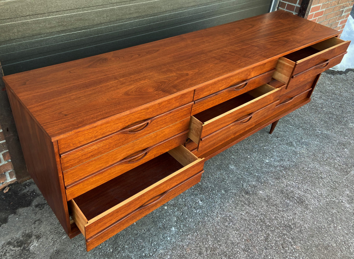 REFINISHED Mid Century Modern Walnut Dresser 9 drawers 84"
