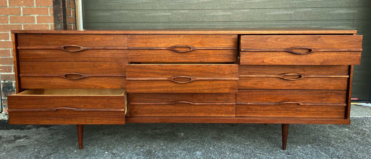 REFINISHED Mid Century Modern Walnut Dresser 9 drawers 84