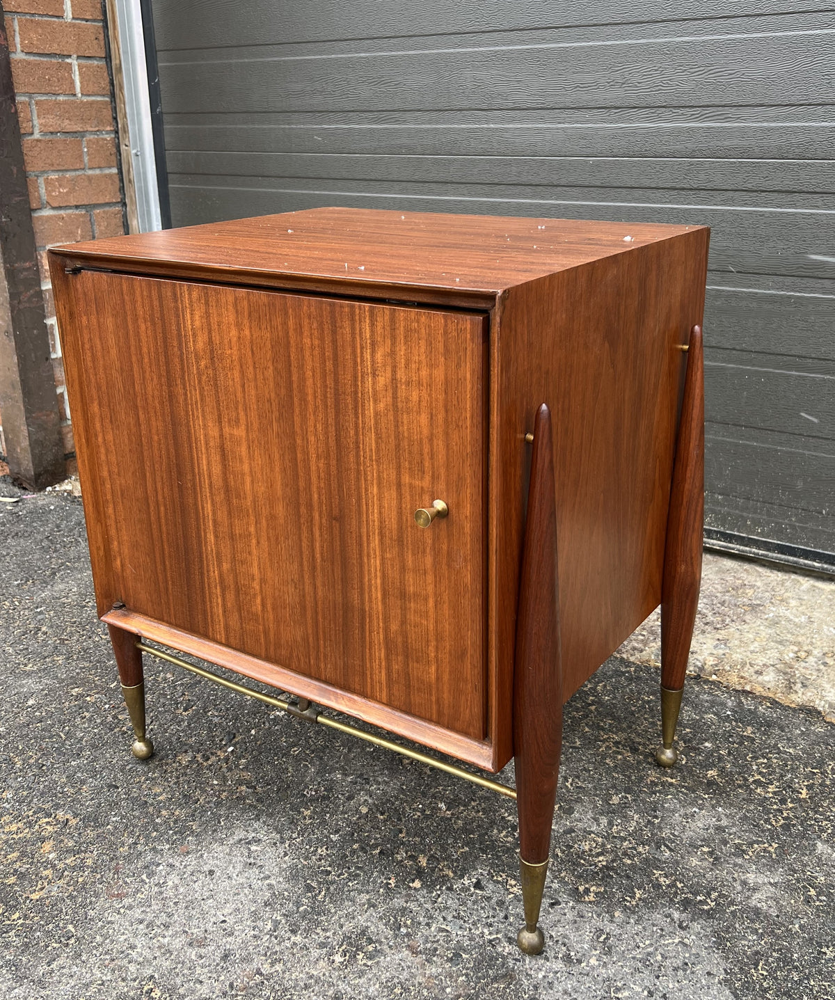 REFINISHED Mid Century Modern walnut accent cabinet w brass hardware, small 20”