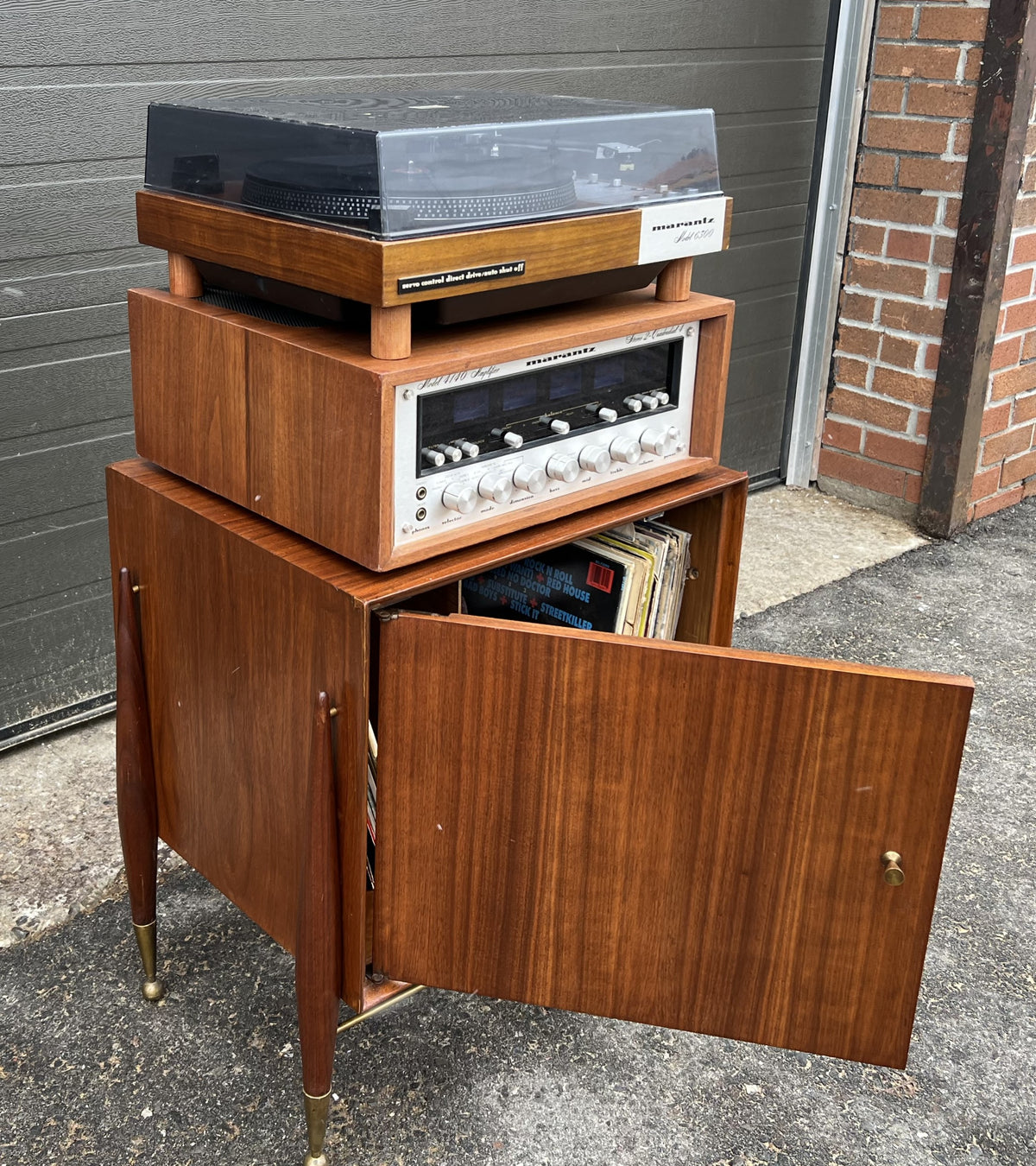 REFINISHED Mid Century Modern walnut accent cabinet w brass hardware, small 20”