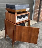 REFINISHED Mid Century Modern walnut accent cabinet w brass hardware, small 20” 3