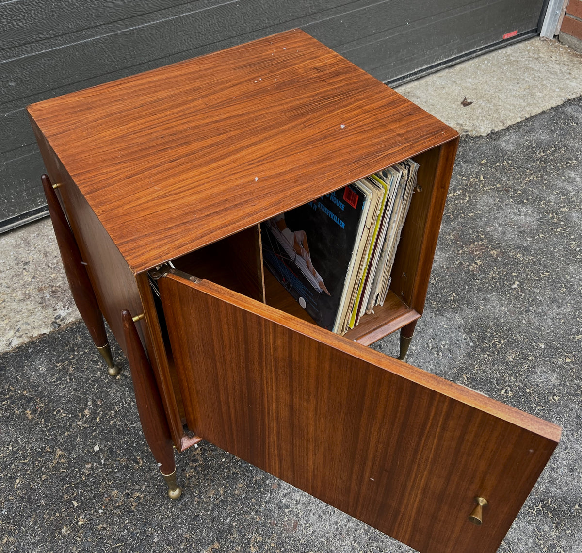 REFINISHED Mid Century Modern walnut accent cabinet w brass hardware, small 20”