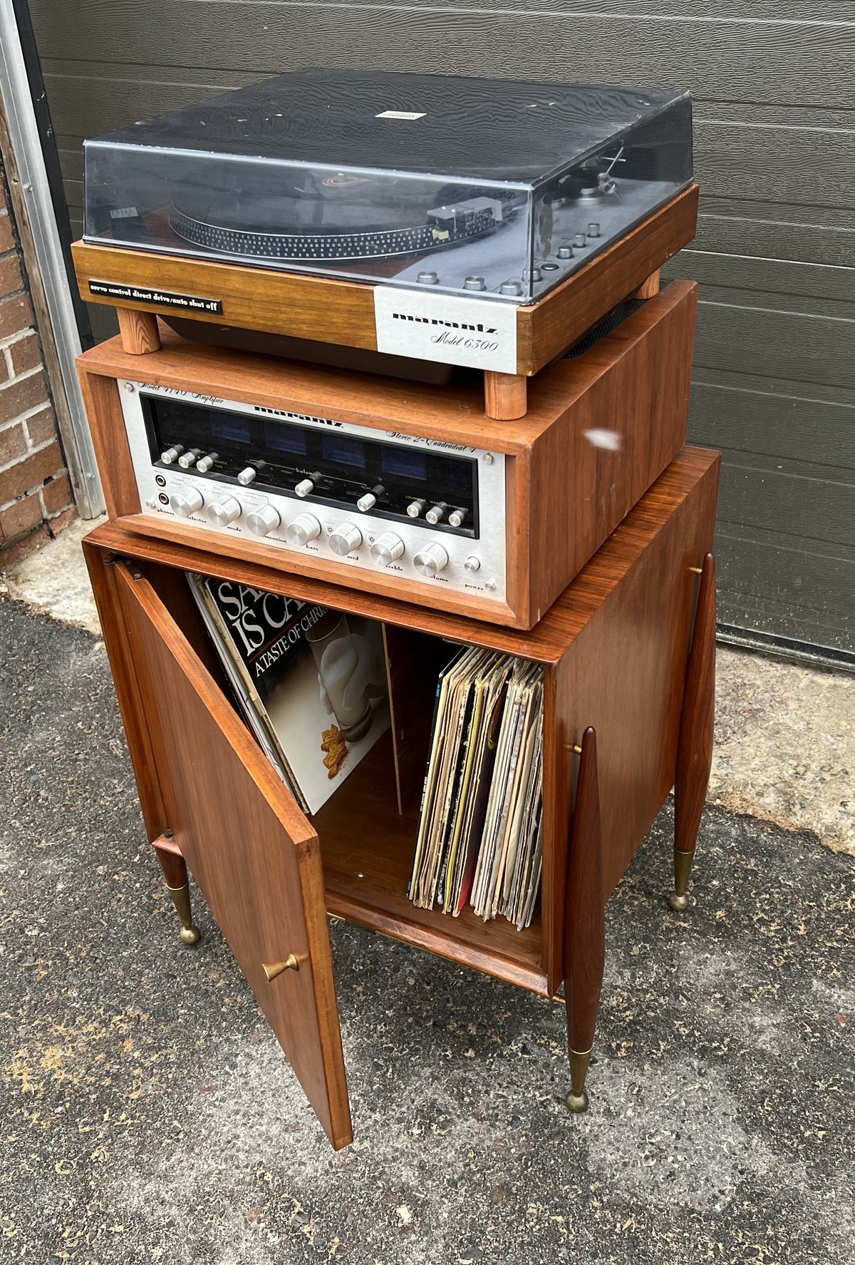 REFINISHED Mid Century Modern walnut accent cabinet w brass hardware, small 20”