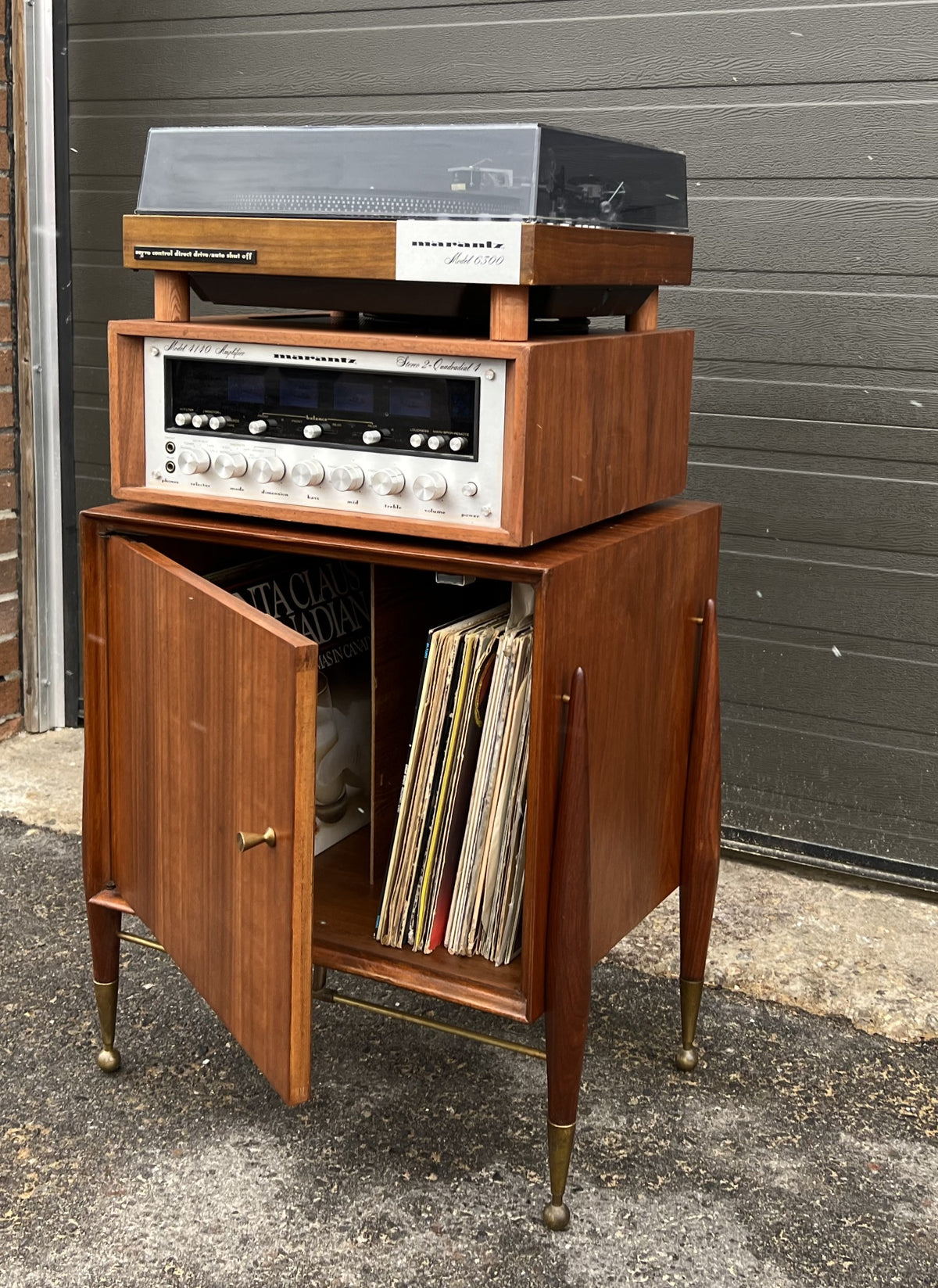 REFINISHED Mid Century Modern walnut accent cabinet w brass hardware, small 20”