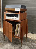 REFINISHED Mid Century Modern walnut accent cabinet w brass hardware, small 20” 7