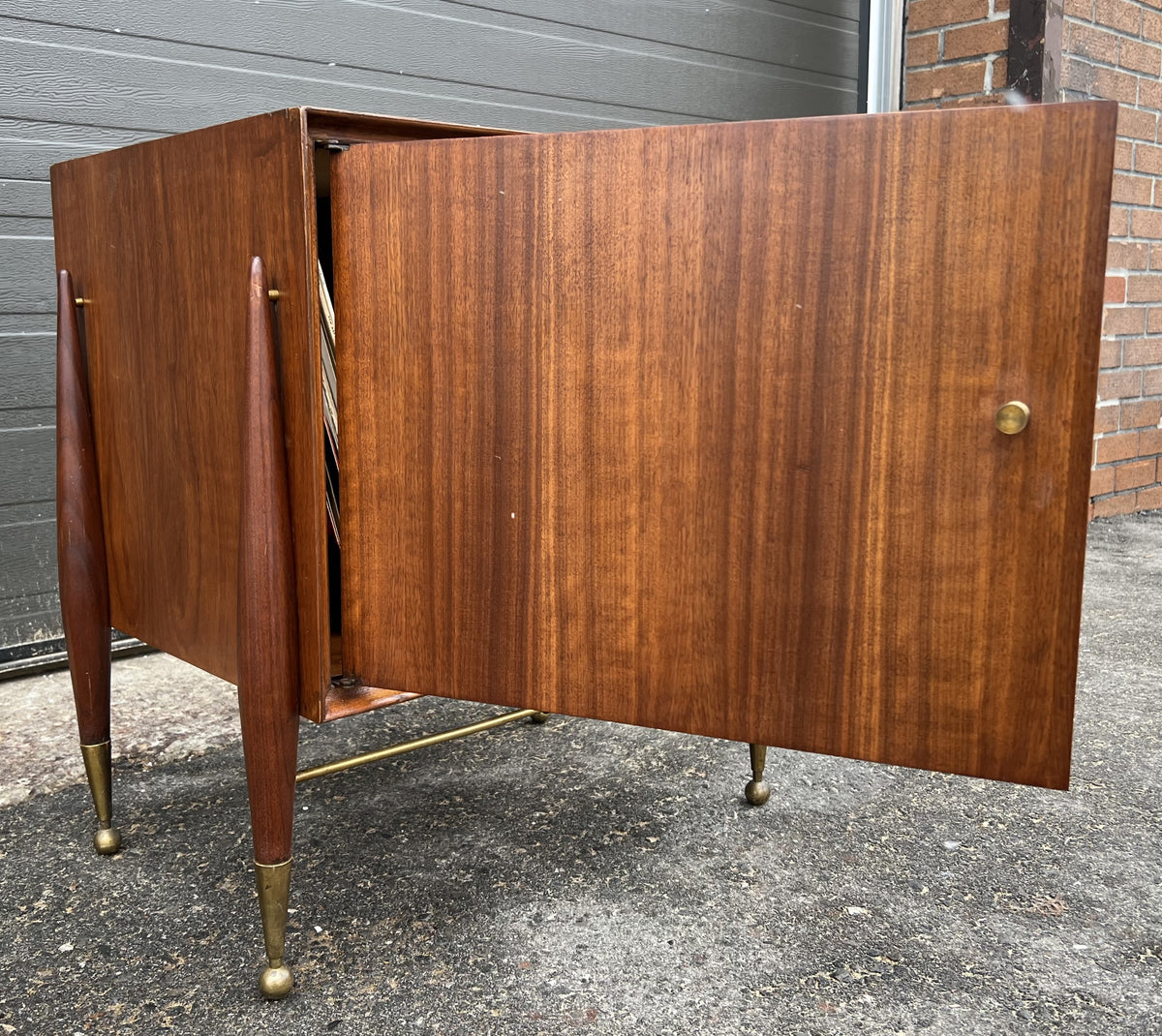 REFINISHED Mid Century Modern walnut accent cabinet w brass hardware, small 20”