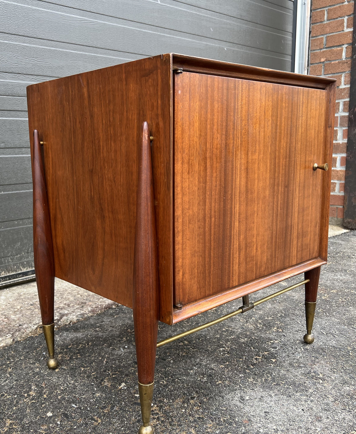 REFINISHED Mid Century Modern walnut accent cabinet w brass hardware, small 20”