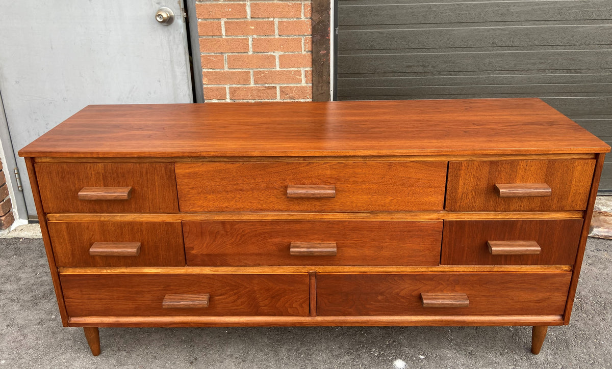 REFINISHED MCM Walnut Dresser with 8 Drawers 63.5