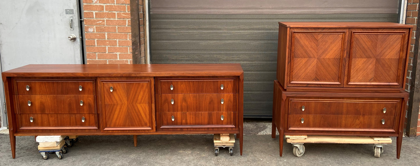 REFINISHED MCM Walnut Set of Dresser/Credenza and Tallboy/Gentleman chest