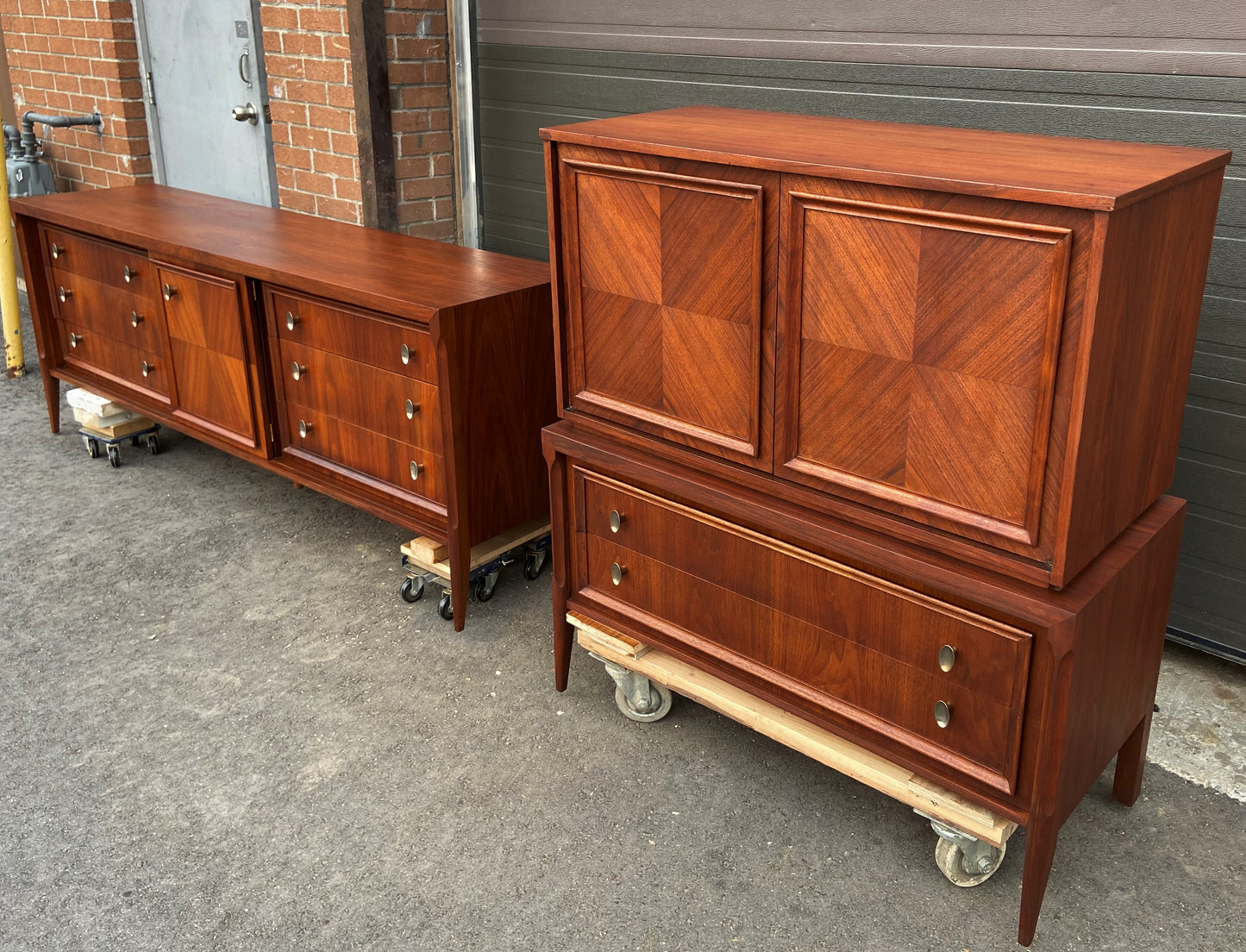 REFINISHED MCM Walnut Set of Dresser/Credenza and Tallboy/Gentleman chest