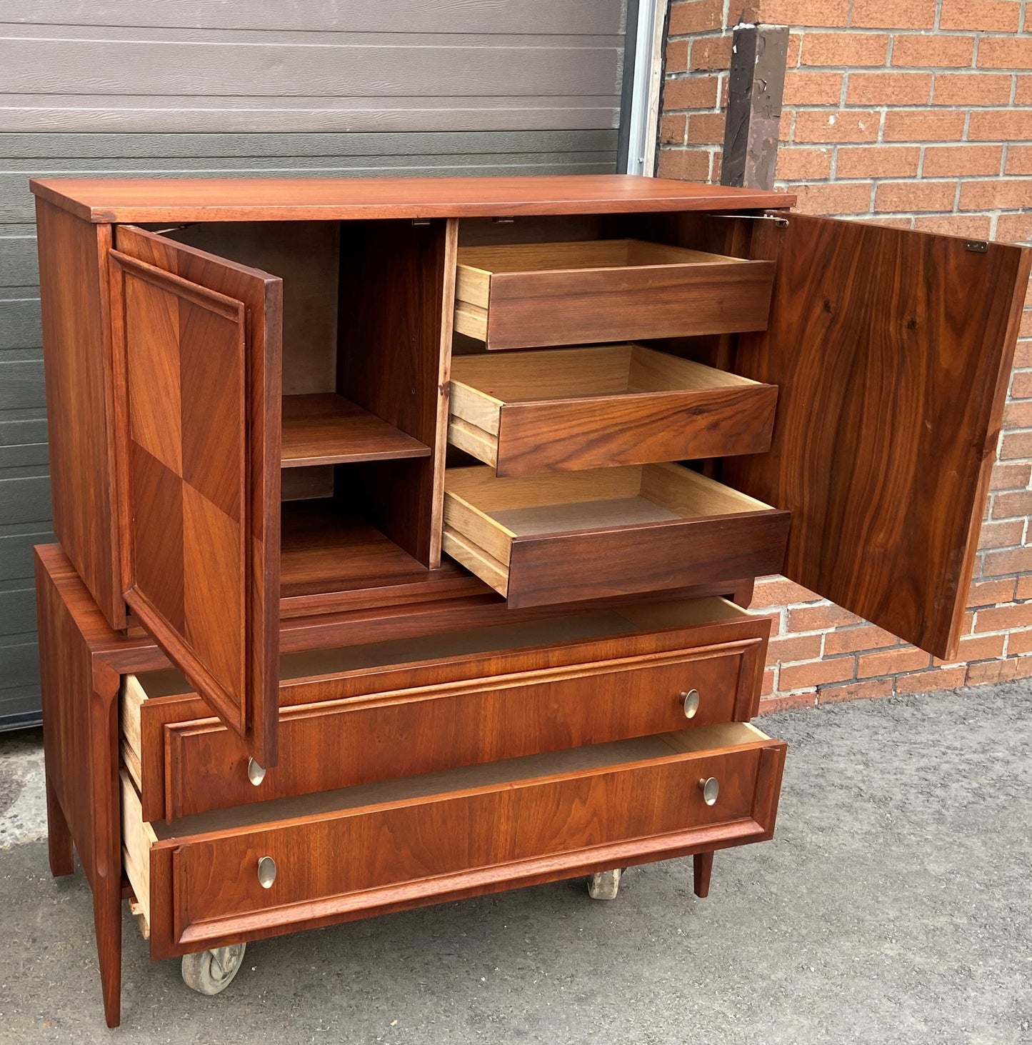 REFINISHED MCM Walnut Set of Dresser/Credenza and Tallboy/Gentleman chest