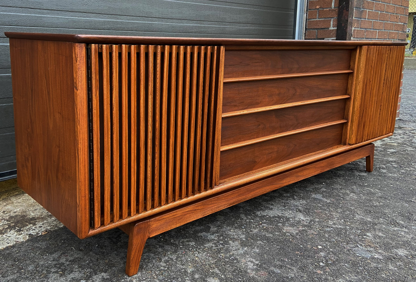 REFINISHED Mid Century Modern Walnut Media Record Player Console 74.5"
