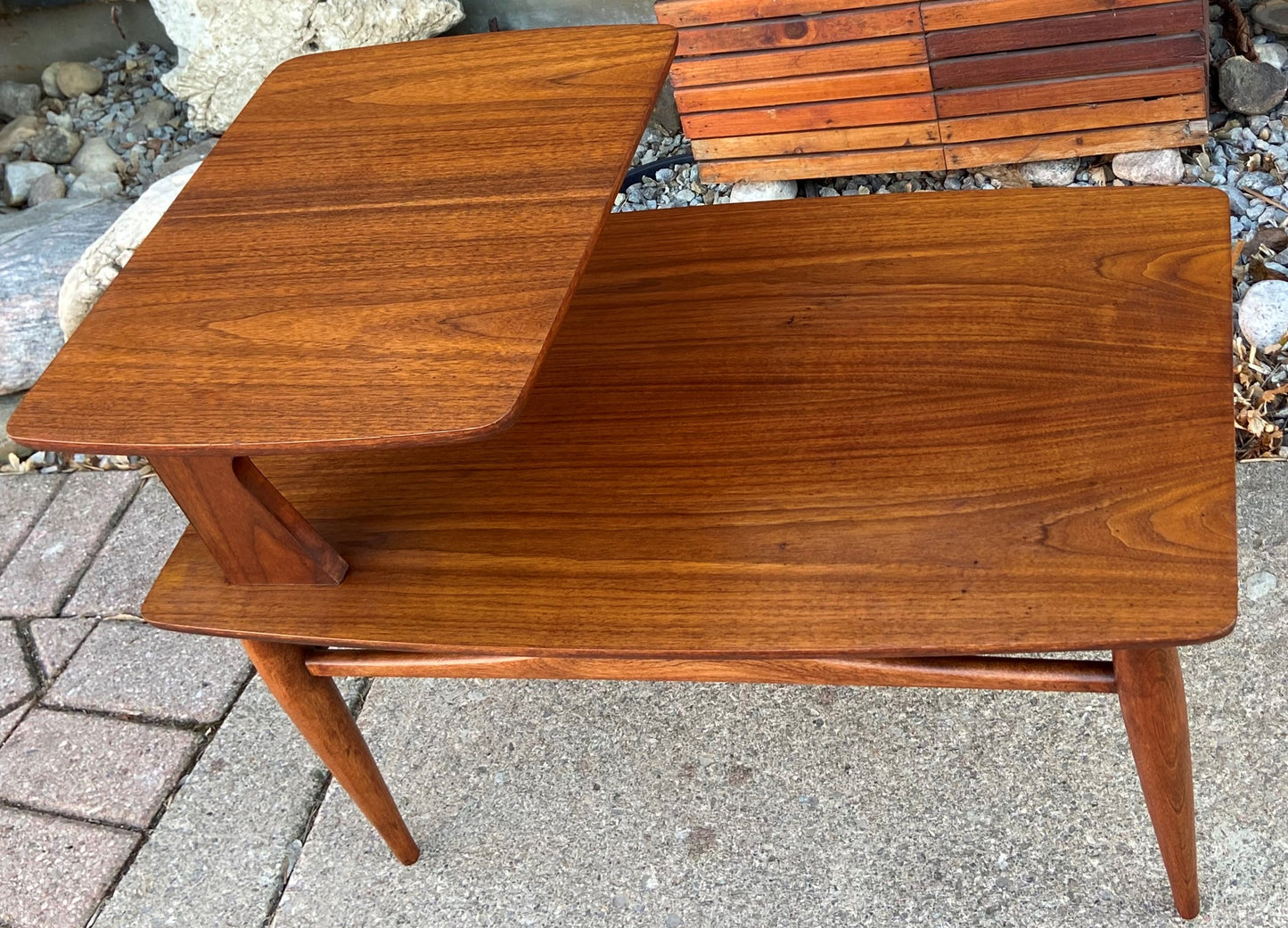 REFINISHED MCM Walnut Two Tier End Table, PERFECT