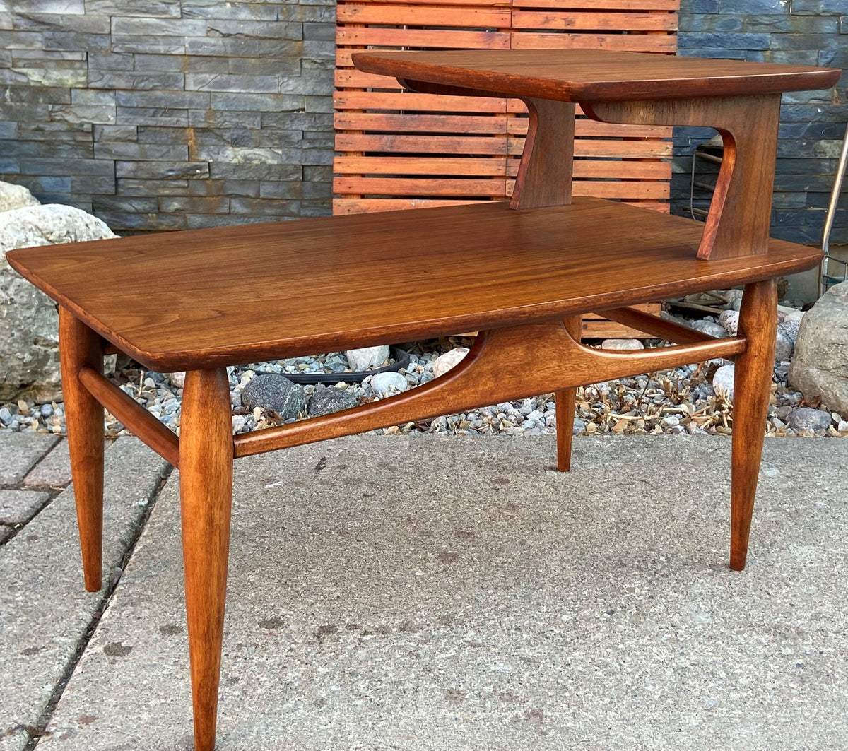 REFINISHED MCM Walnut Two Tier End Table, PERFECT