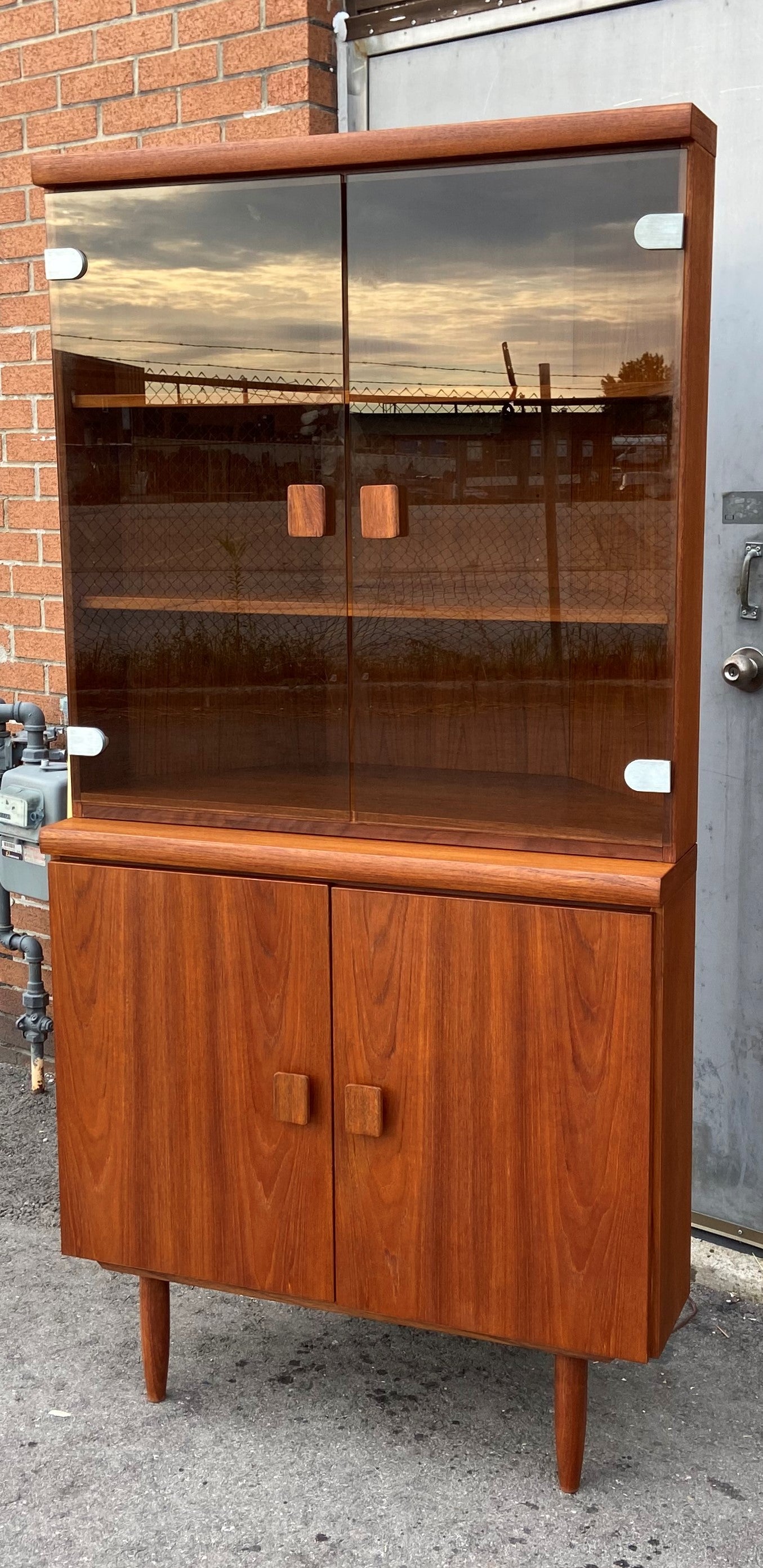 REFINISHED Mid Century Modern Teak Corner Cabinet w Lighting (2 parts), Perfect