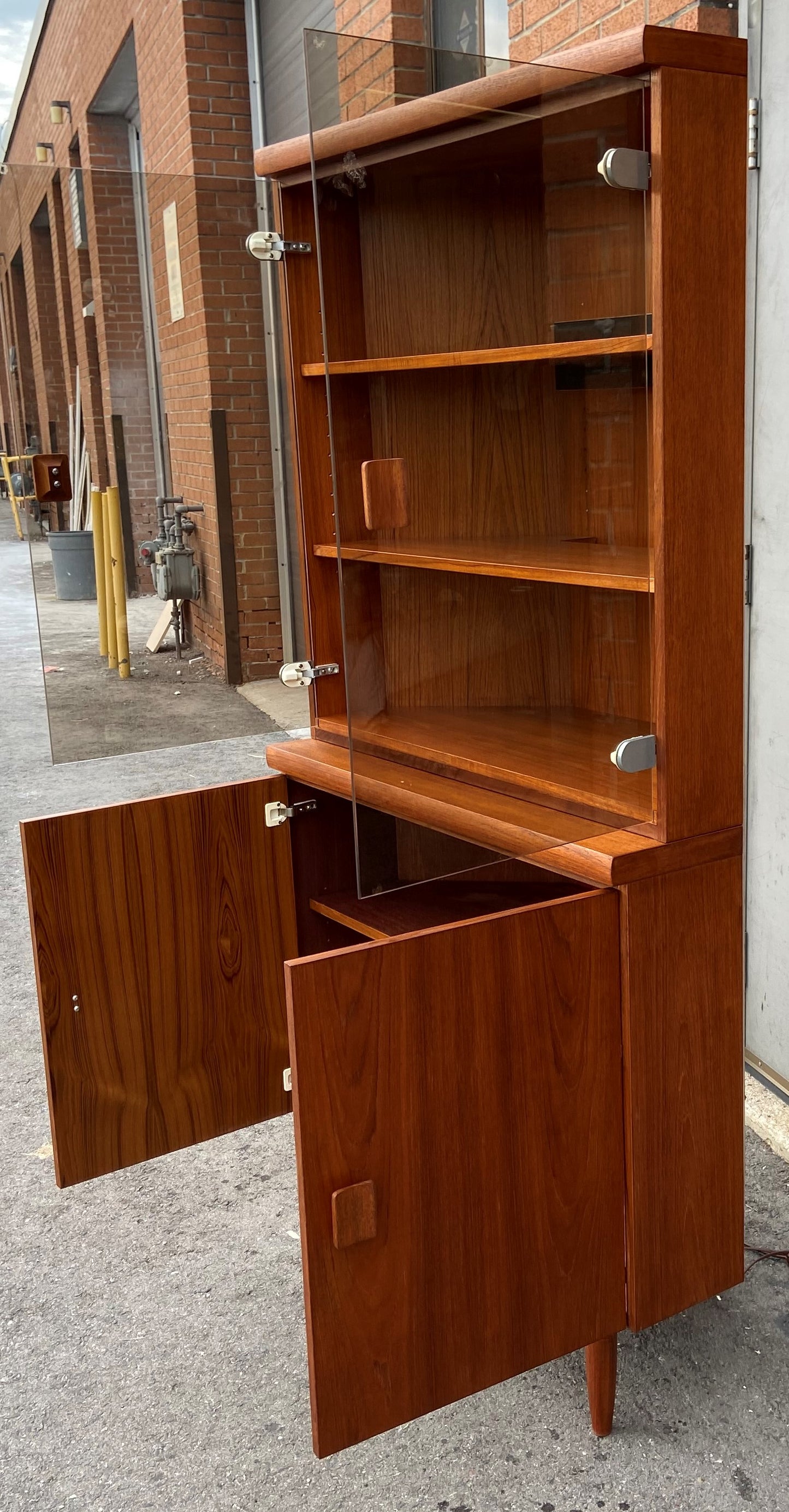 REFINISHED Mid Century Modern Teak Corner Cabinet w Lighting (2 parts), Perfect