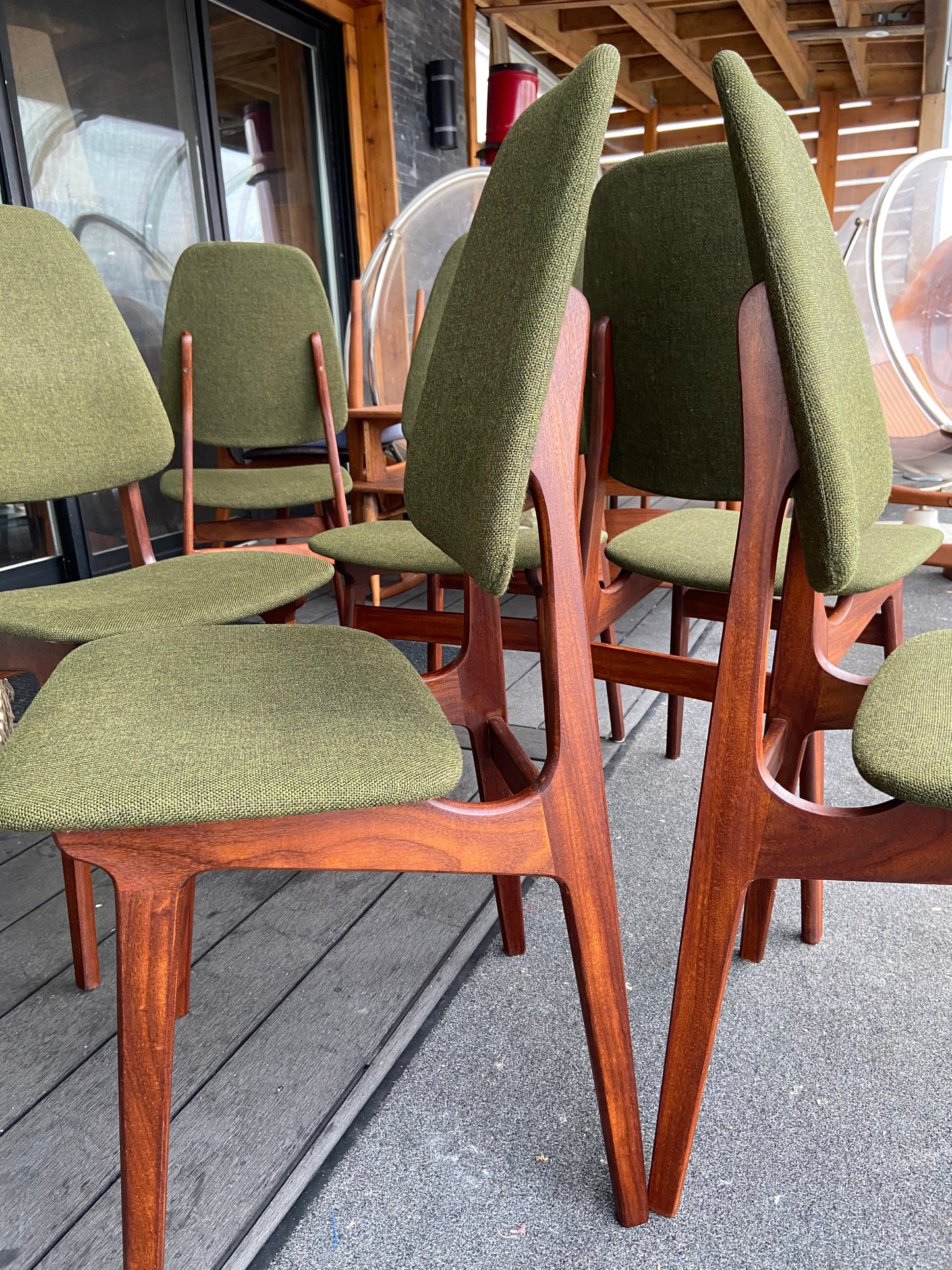 6 REFINISHED MCM Teak chairs by Brødrene Sørheim in Maharam wool upholstery, Norway, Perfect