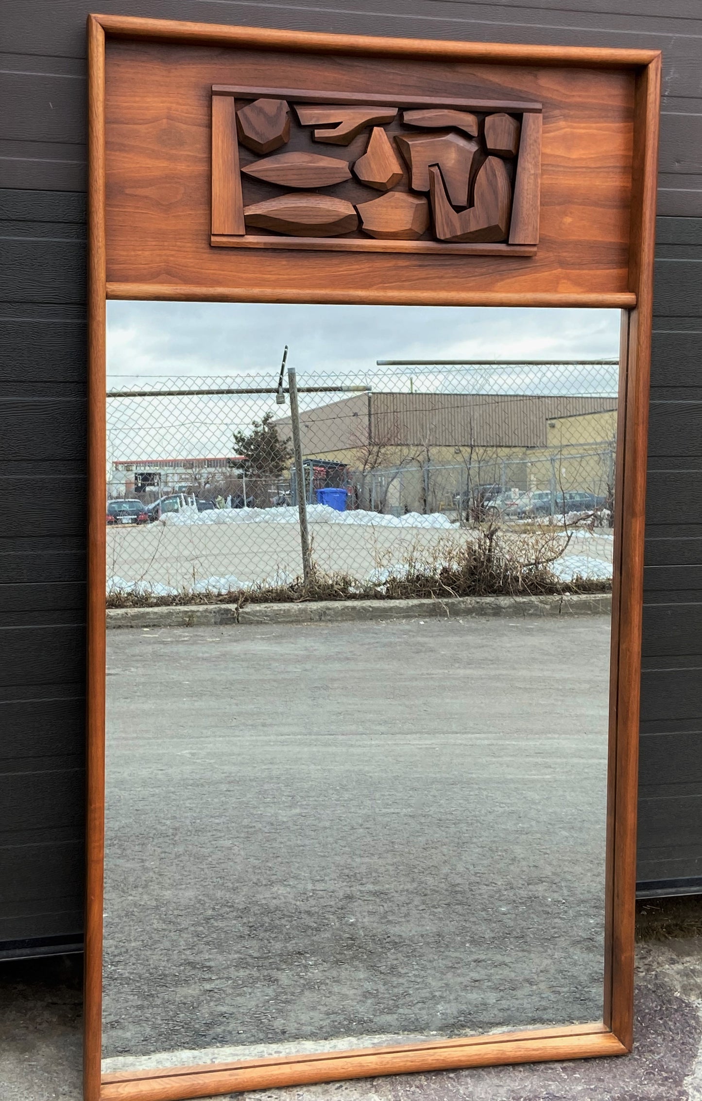 REFINISHED Mid Century Modern Brutalist large walnut mirror, PERFECT