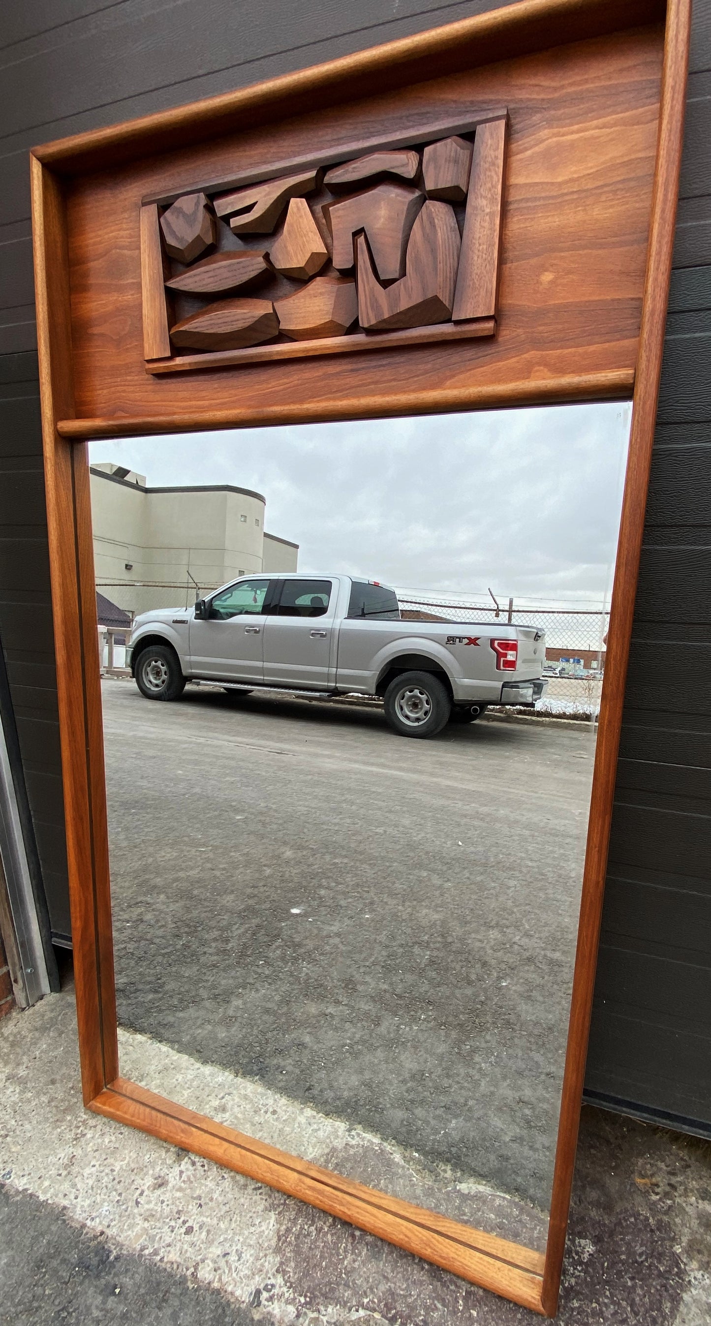 REFINISHED Mid Century Modern Brutalist large walnut mirror, PERFECT