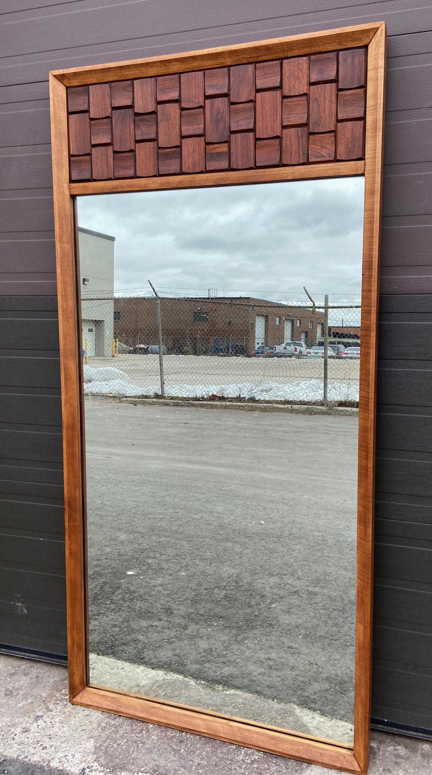 REFINISHED Mid Century Modern Brutalist large walnut mirror, PERFECT