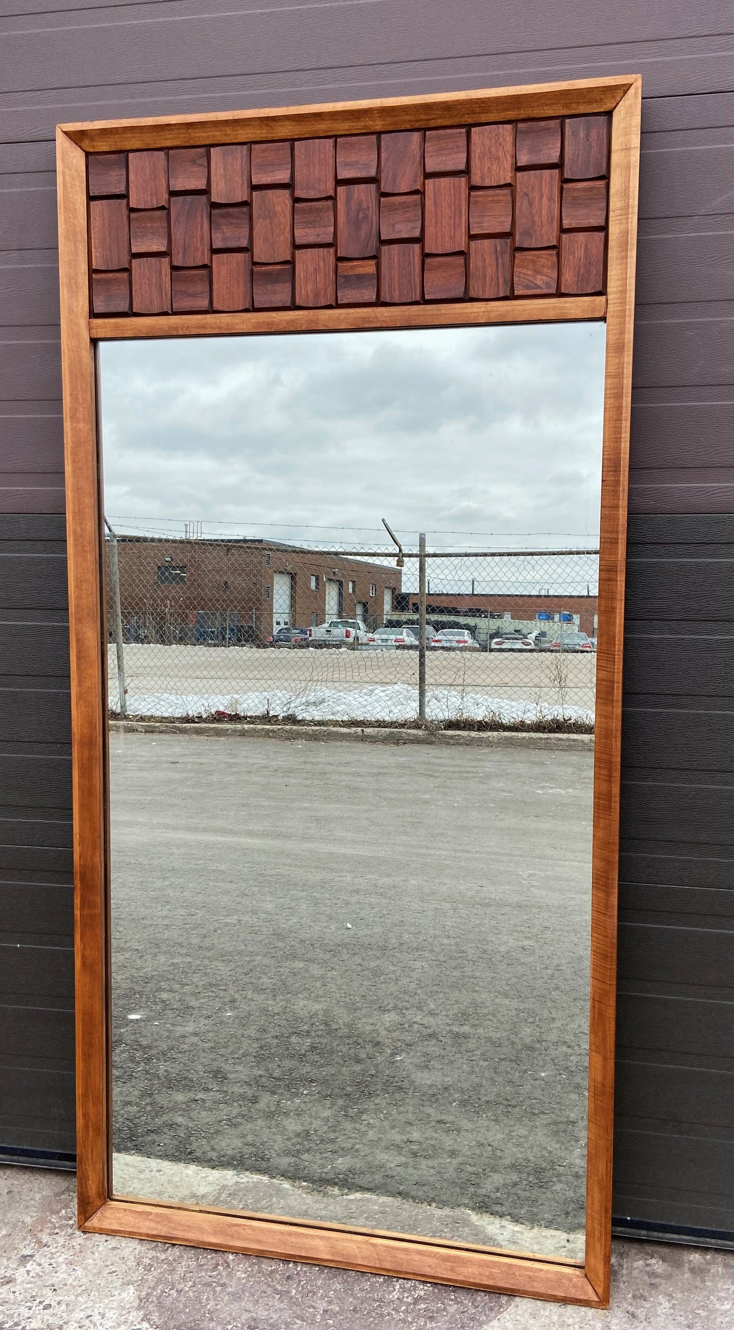 REFINISHED Mid Century Modern Brutalist large walnut mirror, PERFECT