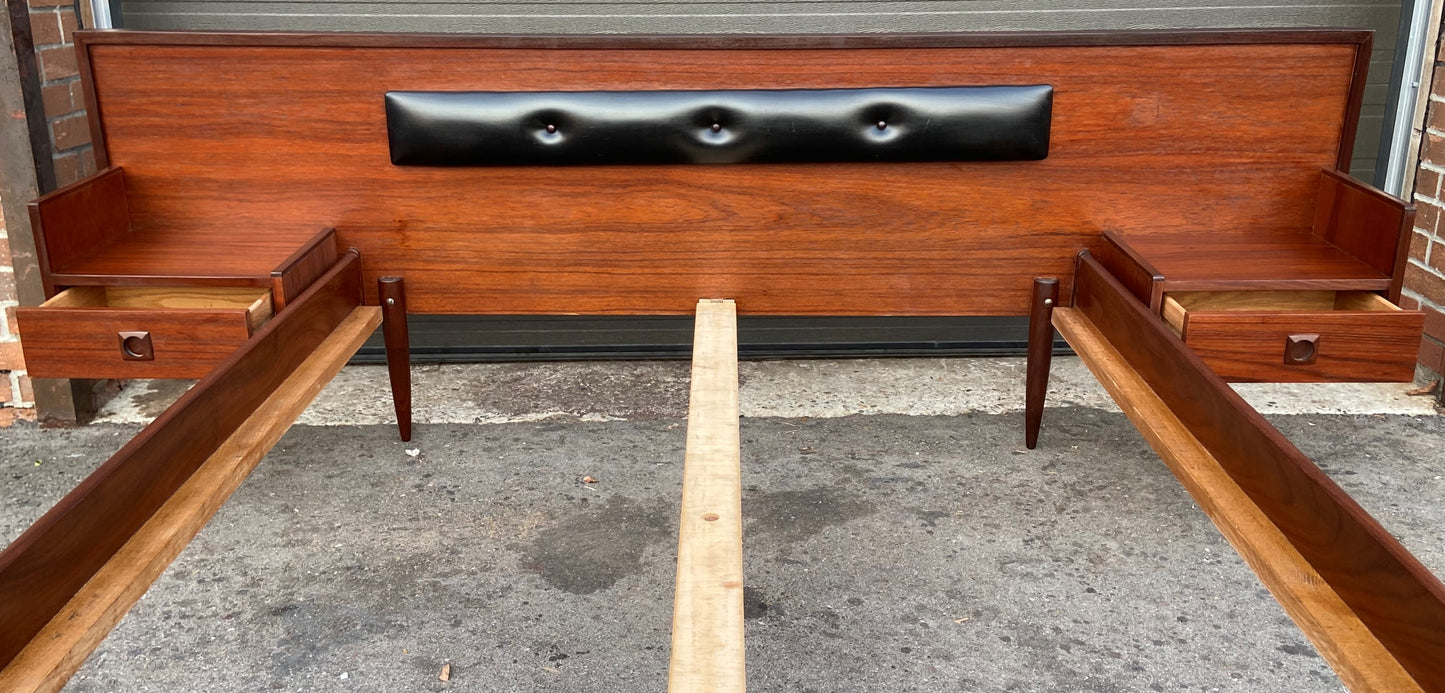 REFINISHED Mid Century Modern Teak Platform Bed w floating nightstands Double