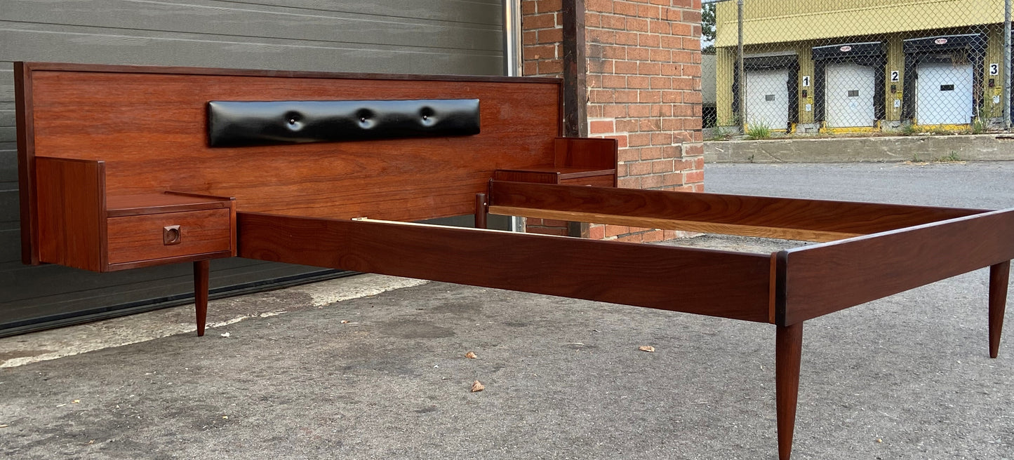 REFINISHED Mid Century Modern Teak Platform Bed w floating nightstands Double